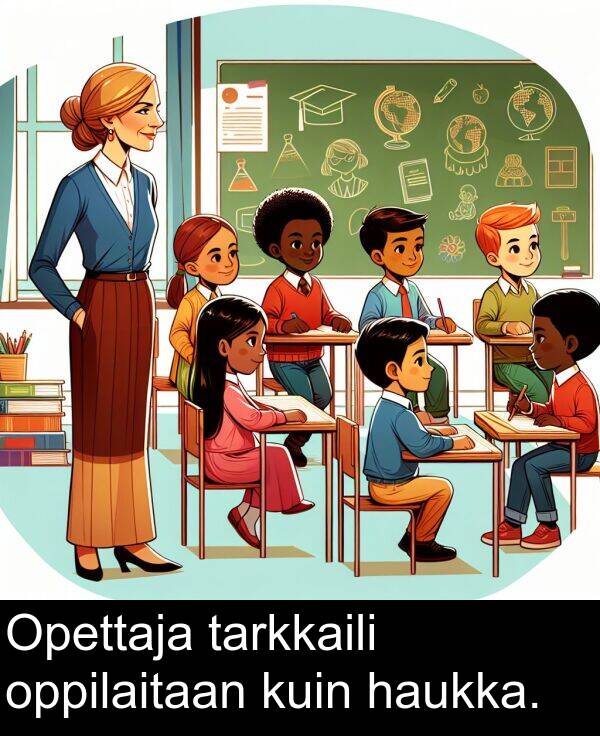 oppilaitaan: Opettaja tarkkaili oppilaitaan kuin haukka.