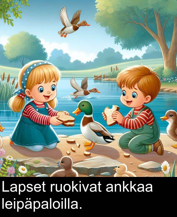ankkaa: Lapset ruokivat ankkaa leipäpaloilla.
