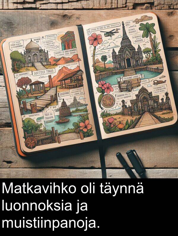 täynnä: Matkavihko oli täynnä luonnoksia ja muistiinpanoja.