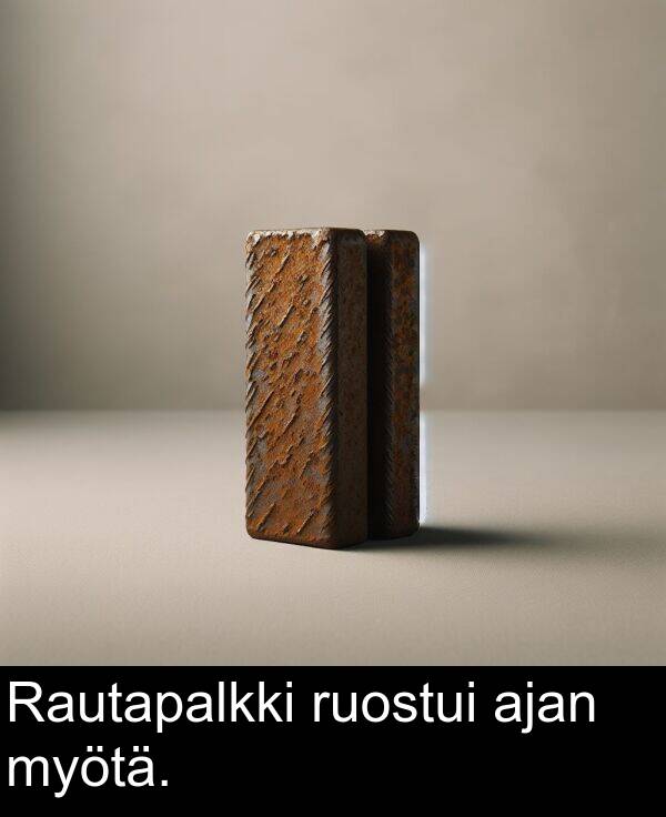 myötä: Rautapalkki ruostui ajan myötä.