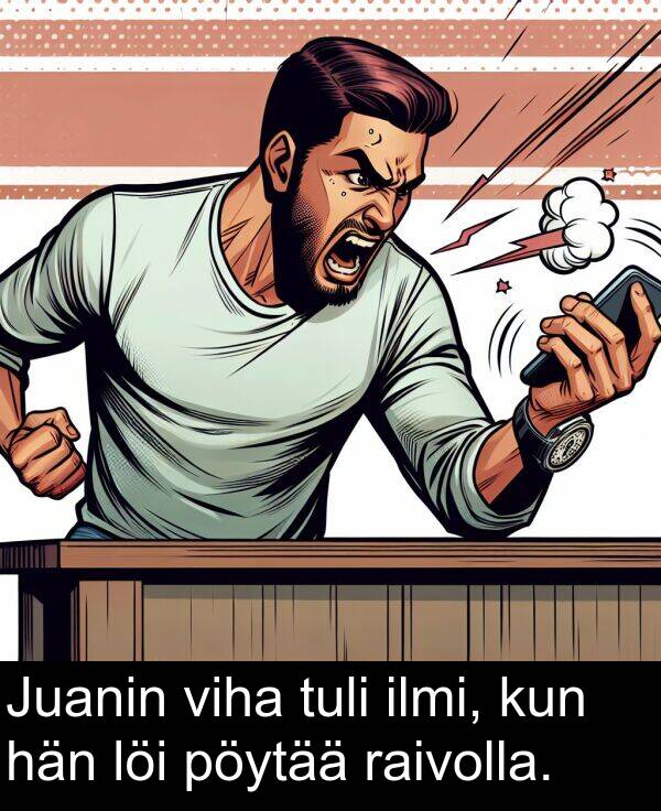 kun: Juanin viha tuli ilmi, kun hän löi pöytää raivolla.
