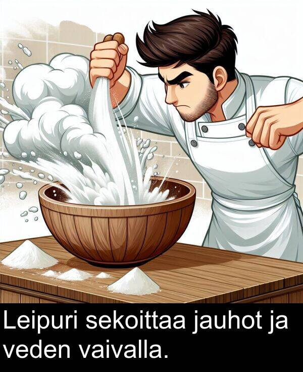 sekoittaa: Leipuri sekoittaa jauhot ja veden vaivalla.