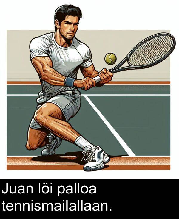 löi: Juan löi palloa tennismailallaan.