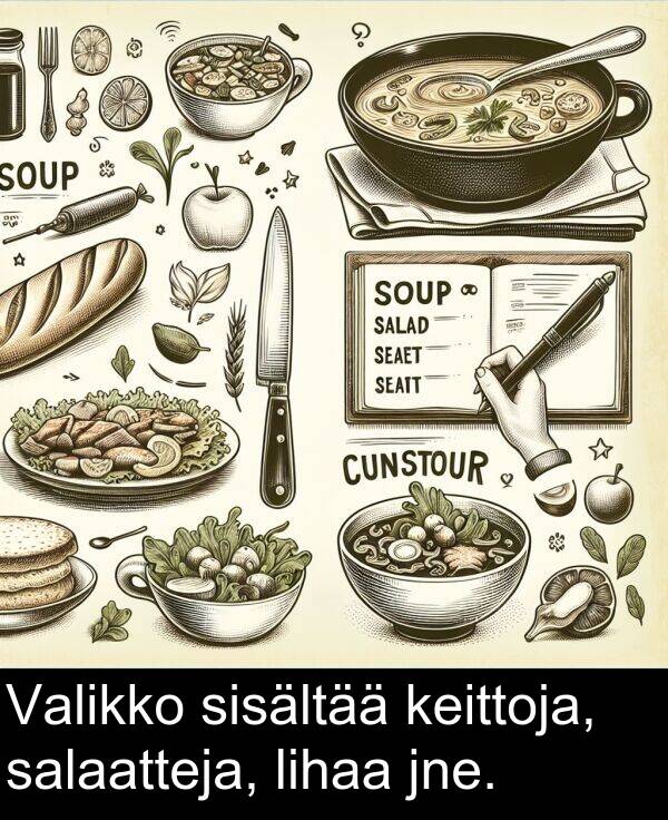sisältää: Valikko sisältää keittoja, salaatteja, lihaa jne.