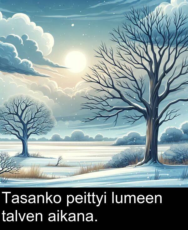 peittyi: Tasanko peittyi lumeen talven aikana.