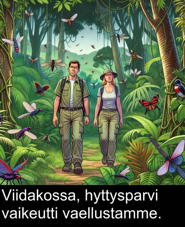 hyttysparvi: Viidakossa, hyttysparvi vaikeutti vaellustamme.