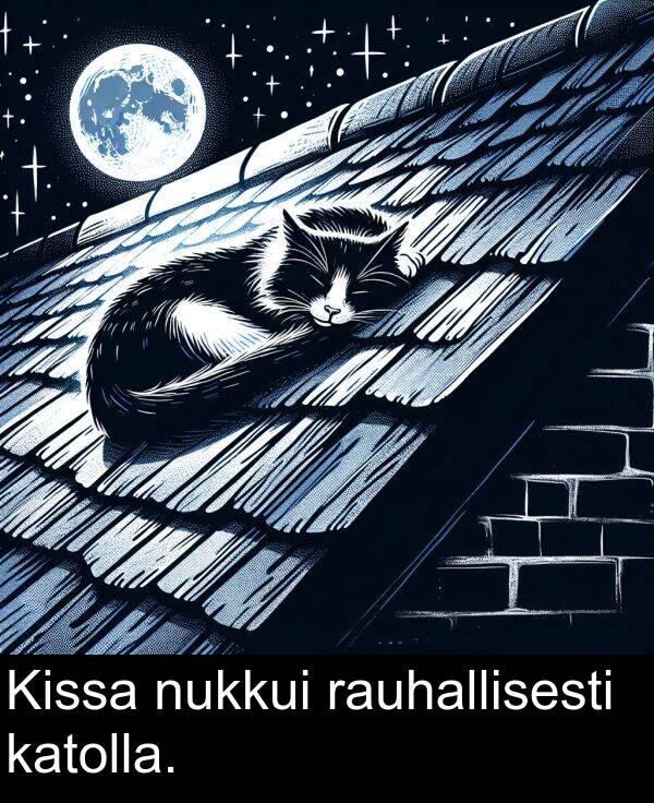 rauhallisesti: Kissa nukkui rauhallisesti katolla.