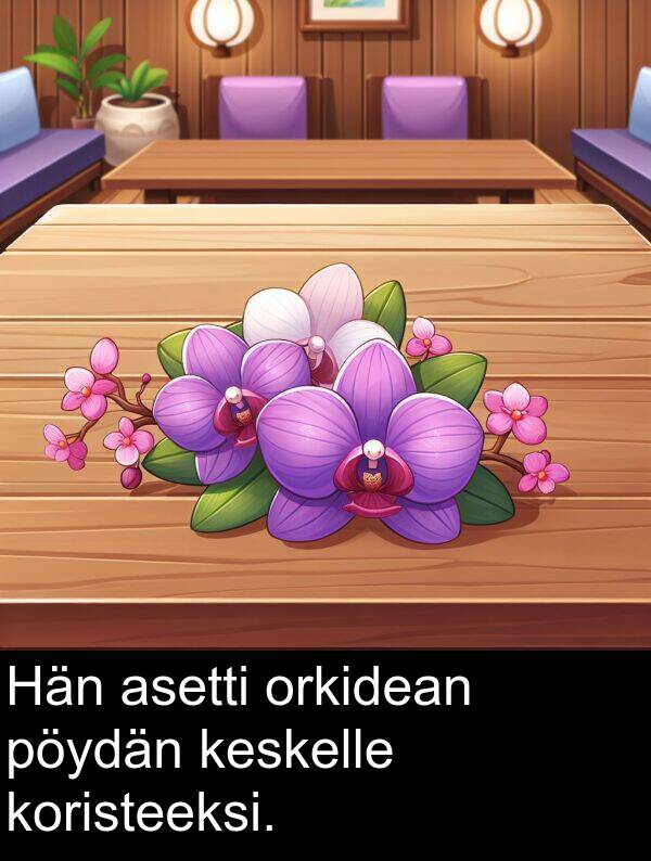 asetti: Hän asetti orkidean pöydän keskelle koristeeksi.