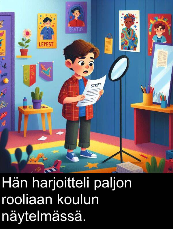 paljon: Hän harjoitteli paljon rooliaan koulun näytelmässä.