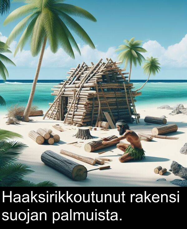 suojan: Haaksirikkoutunut rakensi suojan palmuista.