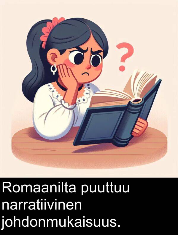 narratiivinen: Romaanilta puuttuu narratiivinen johdonmukaisuus.