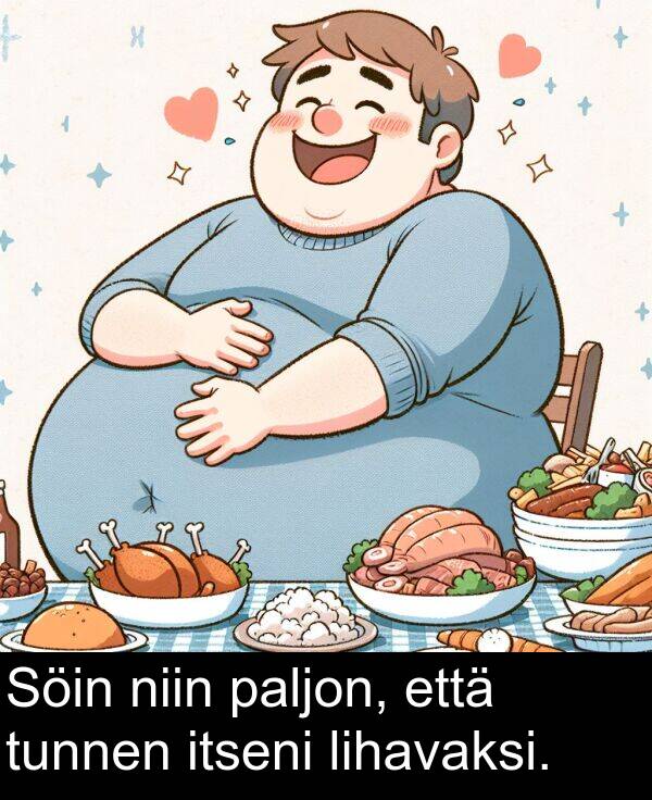 paljon: Söin niin paljon, että tunnen itseni lihavaksi.