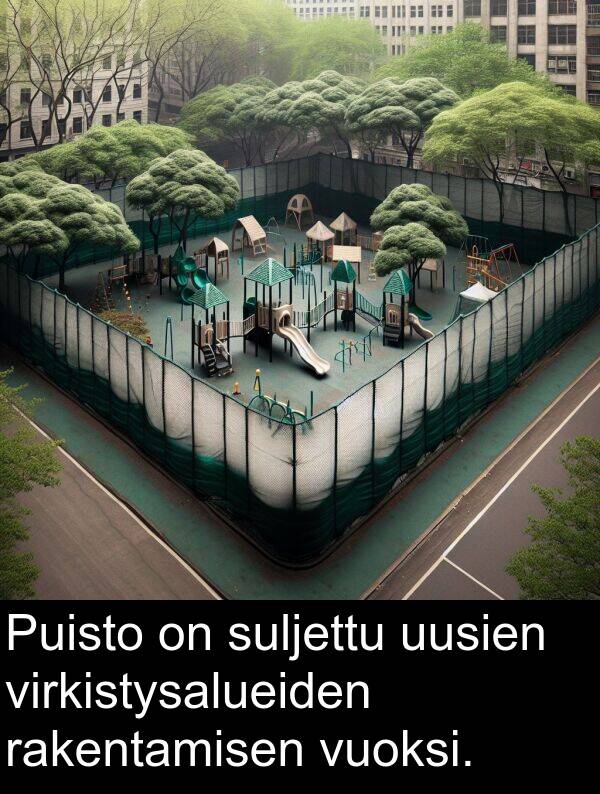 suljettu: Puisto on suljettu uusien virkistysalueiden rakentamisen vuoksi.