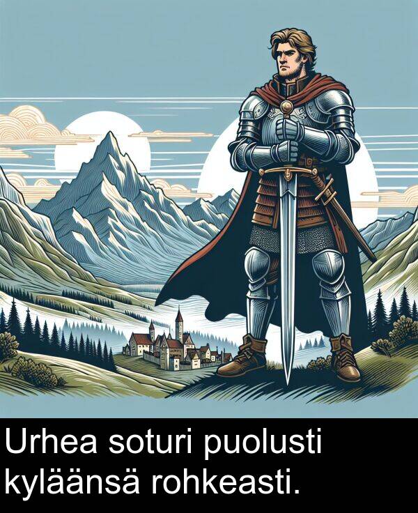 soturi: Urhea soturi puolusti kyläänsä rohkeasti.