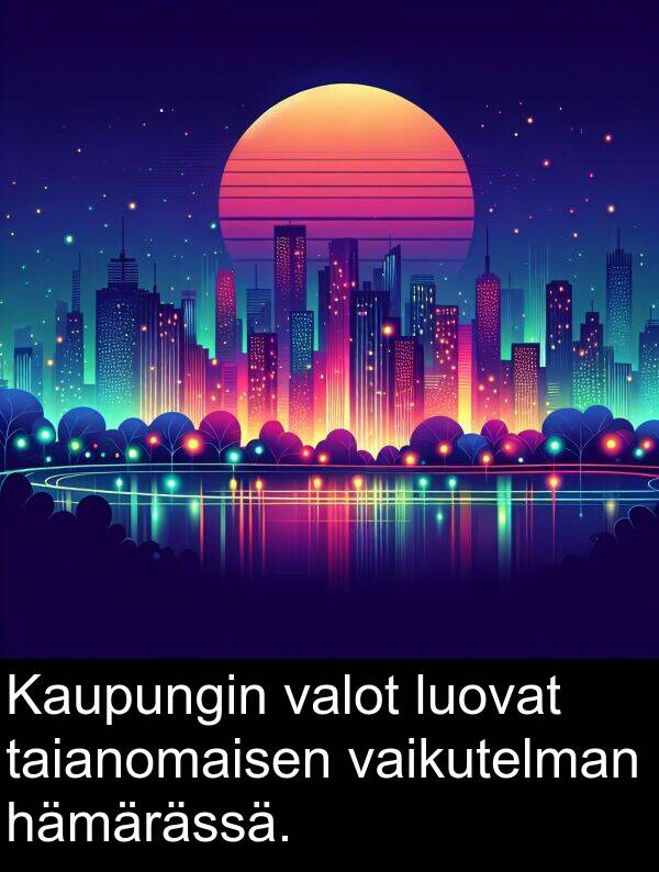 vaikutelman: Kaupungin valot luovat taianomaisen vaikutelman hämärässä.