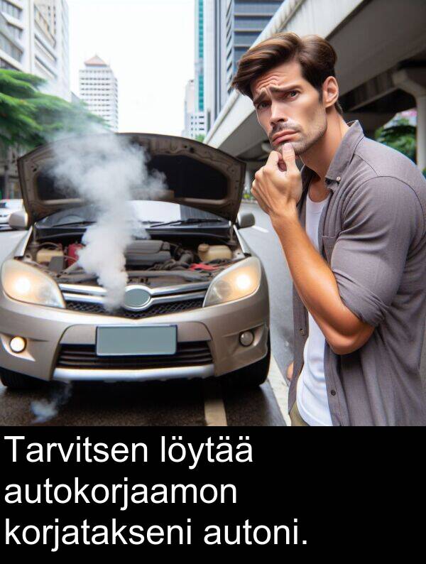 löytää: Tarvitsen löytää autokorjaamon korjatakseni autoni.