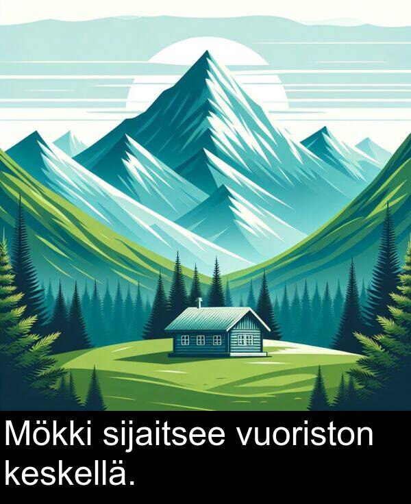 sijaitsee: Mökki sijaitsee vuoriston keskellä.