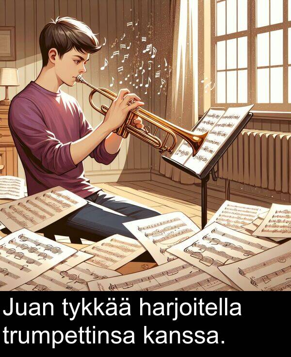 trumpettinsa: Juan tykkää harjoitella trumpettinsa kanssa.