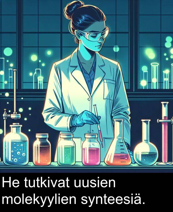 synteesiä: He tutkivat uusien molekyylien synteesiä.