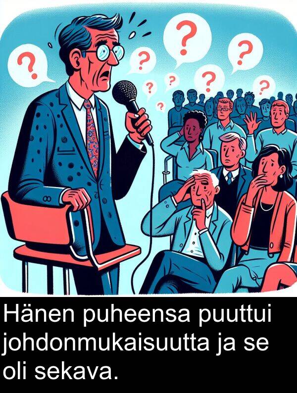 sekava: Hänen puheensa puuttui johdonmukaisuutta ja se oli sekava.