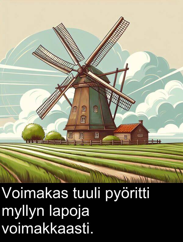 myllyn: Voimakas tuuli pyöritti myllyn lapoja voimakkaasti.