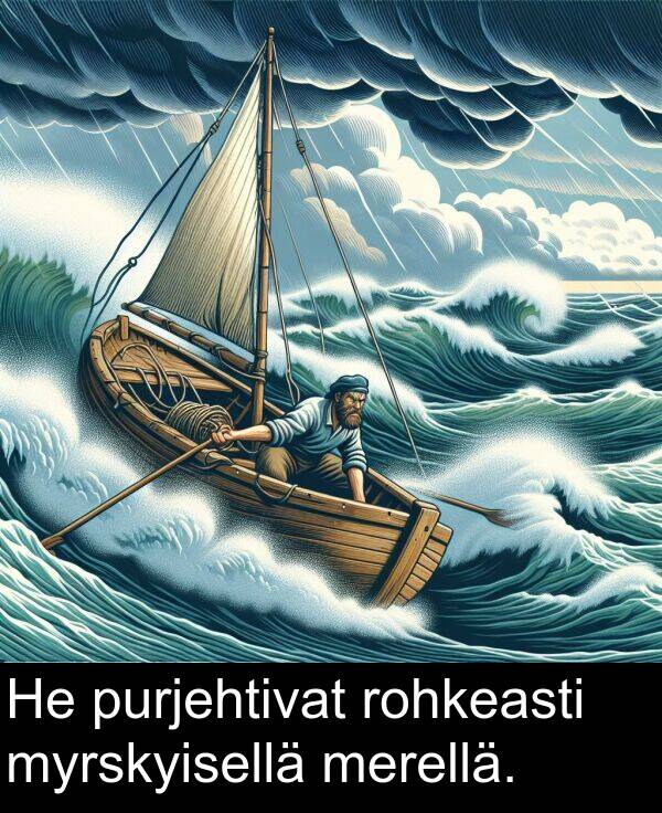 merellä: He purjehtivat rohkeasti myrskyisellä merellä.