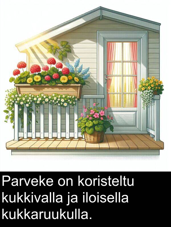 kukkaruukulla: Parveke on koristeltu kukkivalla ja iloisella kukkaruukulla.