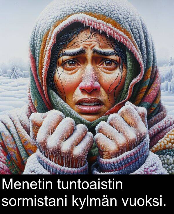 sormistani: Menetin tuntoaistin sormistani kylmän vuoksi.