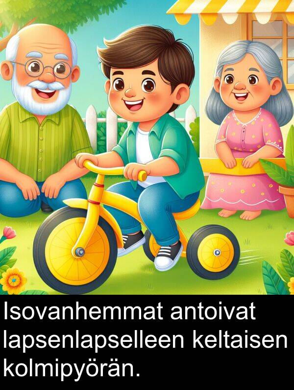 lapsenlapselleen: Isovanhemmat antoivat lapsenlapselleen keltaisen kolmipyörän.