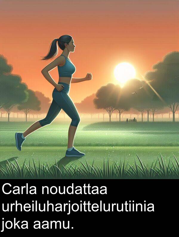 aamu: Carla noudattaa urheiluharjoittelurutiinia joka aamu.