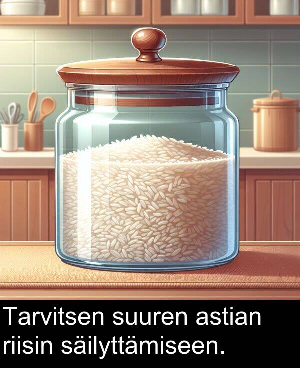 suuren: Tarvitsen suuren astian riisin säilyttämiseen.