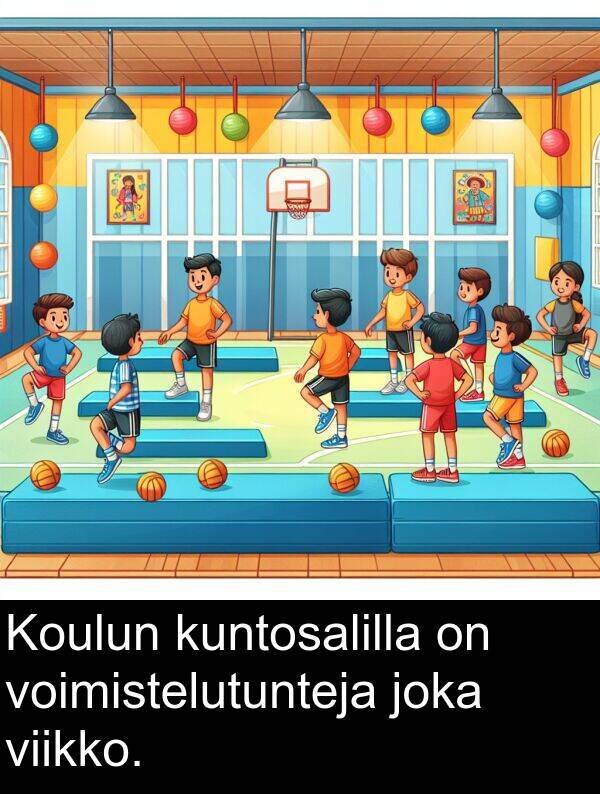 kuntosalilla: Koulun kuntosalilla on voimistelutunteja joka viikko.
