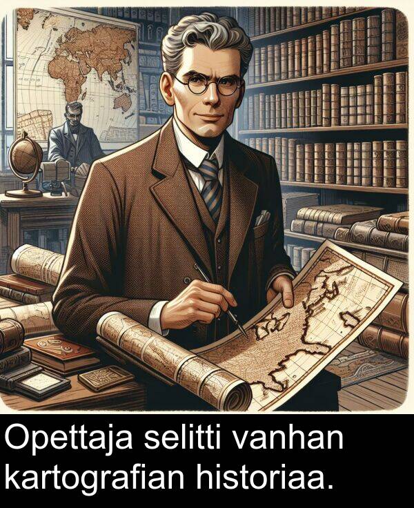 selitti: Opettaja selitti vanhan kartografian historiaa.