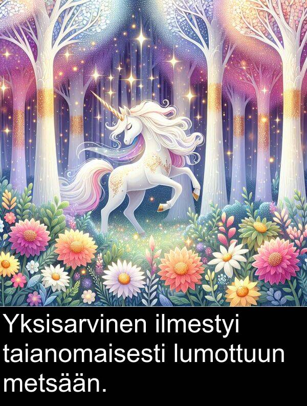 taianomaisesti: Yksisarvinen ilmestyi taianomaisesti lumottuun metsään.