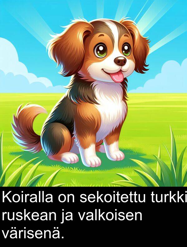 sekoitettu: Koiralla on sekoitettu turkki ruskean ja valkoisen värisenä.