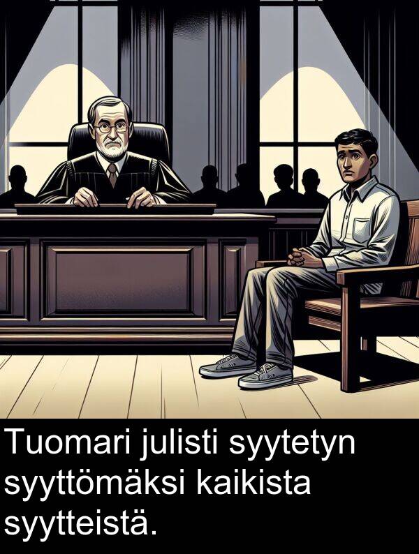 syytteistä: Tuomari julisti syytetyn syyttömäksi kaikista syytteistä.