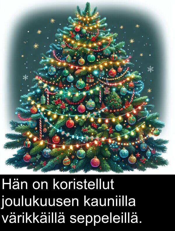seppeleillä: Hän on koristellut joulukuusen kauniilla värikkäillä seppeleillä.