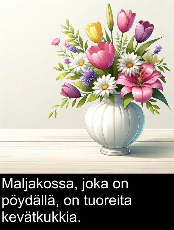 tuoreita: Maljakossa, joka on pöydällä, on tuoreita kevätkukkia.