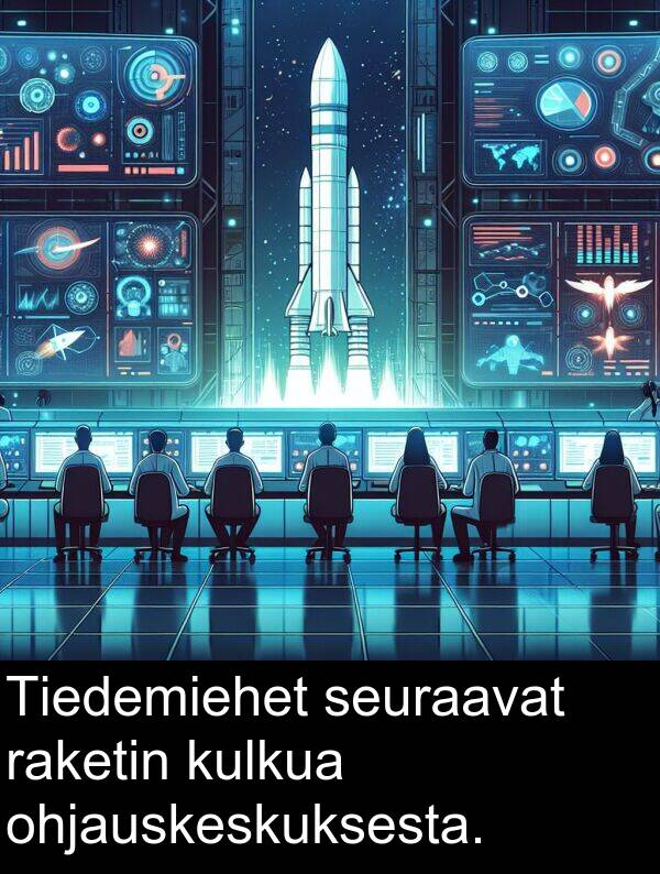 ohjauskeskuksesta: Tiedemiehet seuraavat raketin kulkua ohjauskeskuksesta.