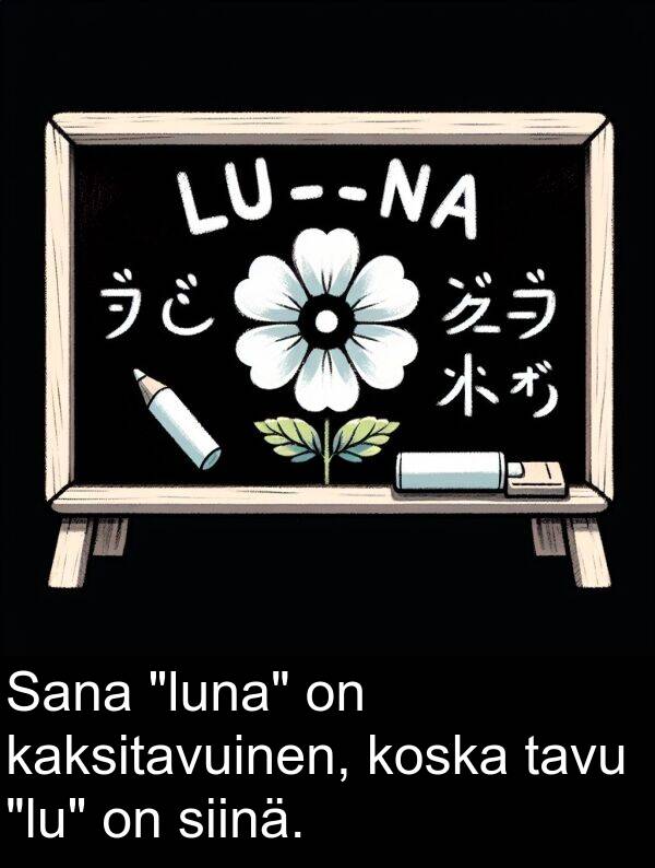 siinä: Sana "luna" on kaksitavuinen, koska tavu "lu" on siinä.