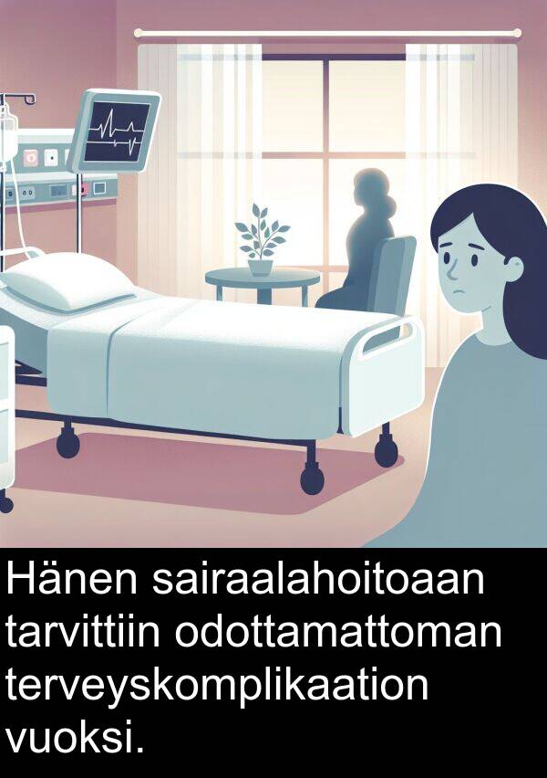 sairaalahoitoaan: Hänen sairaalahoitoaan tarvittiin odottamattoman terveyskomplikaation vuoksi.