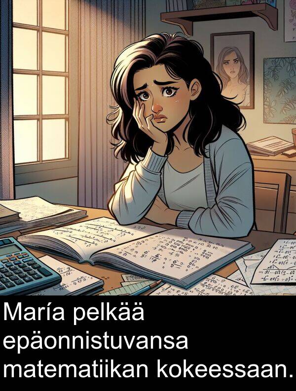 matematiikan: María pelkää epäonnistuvansa matematiikan kokeessaan.