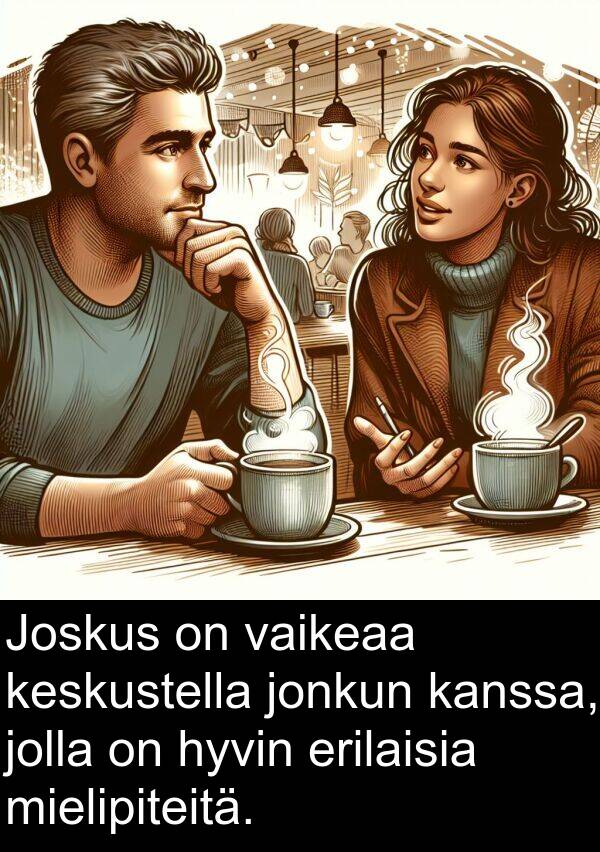 mielipiteitä: Joskus on vaikeaa keskustella jonkun kanssa, jolla on hyvin erilaisia mielipiteitä.