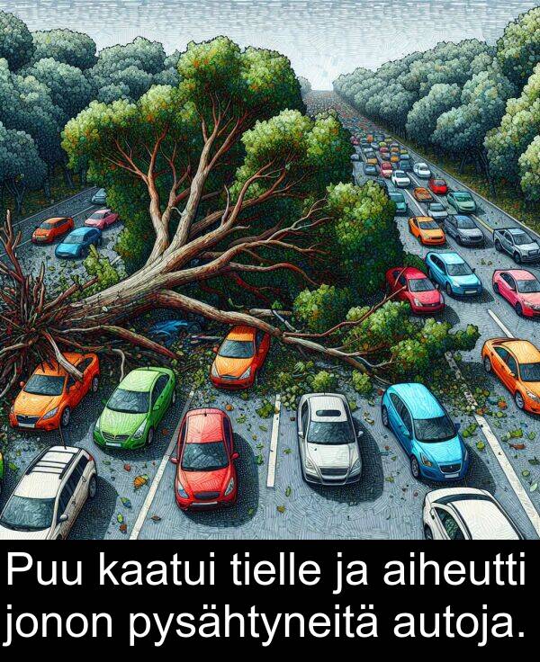 pysähtyneitä: Puu kaatui tielle ja aiheutti jonon pysähtyneitä autoja.