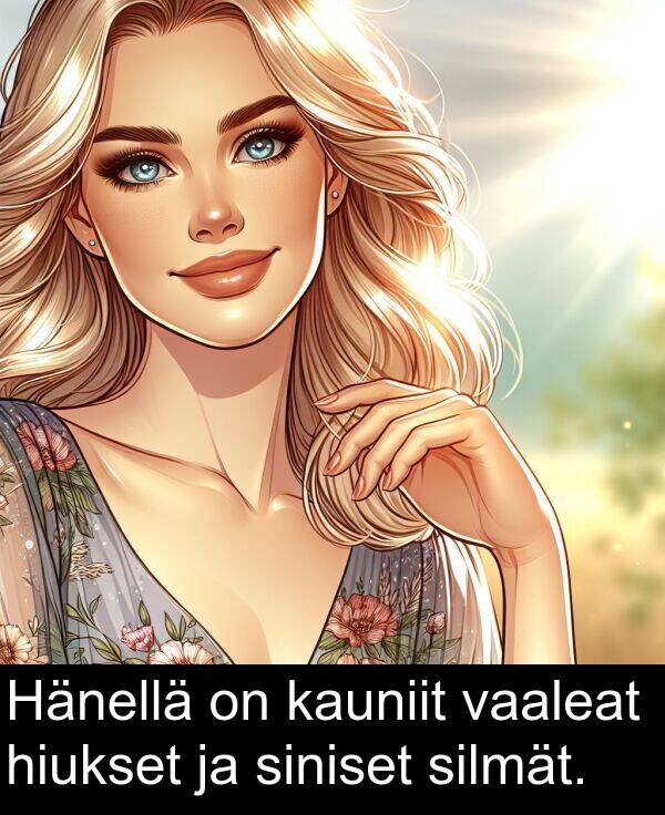 kauniit: Hänellä on kauniit vaaleat hiukset ja siniset silmät.