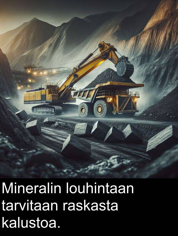 raskasta: Mineralin louhintaan tarvitaan raskasta kalustoa.