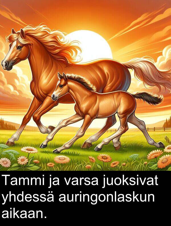 yhdessä: Tammi ja varsa juoksivat yhdessä auringonlaskun aikaan.