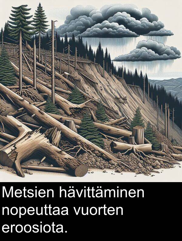 nopeuttaa: Metsien hävittäminen nopeuttaa vuorten eroosiota.