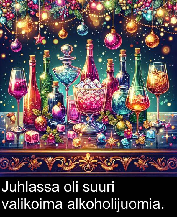 suuri: Juhlassa oli suuri valikoima alkoholijuomia.