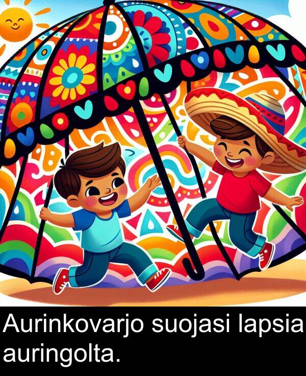 suojasi: Aurinkovarjo suojasi lapsia auringolta.